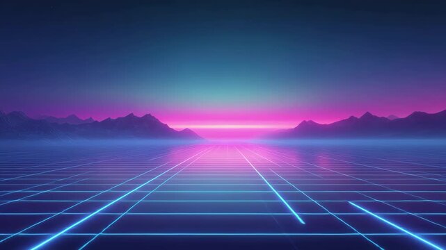 Retrowave neon grid landscape with mountain silhouette at sunset, 4k high quality footage