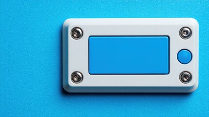 Fototapeta premium A white electronic device with a blue display and a single blue button is positioned on a shimmering blue textured surface.