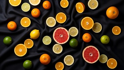 Vibrant citrus fruit medley arrangement on draped luxurious black fabric