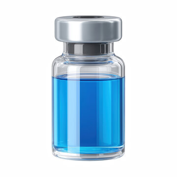 3D cartoon medical vial bottle with blue liquid and silver cap isolated on transparent background.