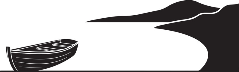 Peaceful landscape silhouette of a wooden boat on the shore near a mountain cliff. Vector illustration of a scenic lake or coastal view for travel and nature.