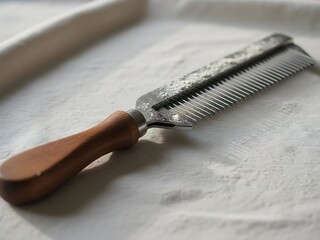 Vintage bread scorer lies dusted with flour near dough roll on white canvas