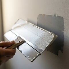 Wall restoration process involving filler and a spatula for repair work