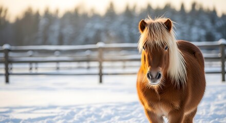 A beautiful pony standing in a snowy paddock, facing forward with a warm expression, bathed in golden light for a peaceful winter animal concept