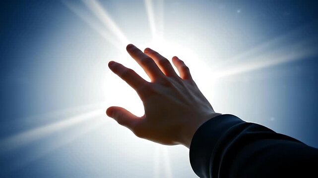 A hand reaching towards the radiant sun with fingers outstretched against a bright blue sky