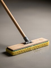 Wooden and Sponge Mop for Floor Cleaning with Water Droplets on Surface