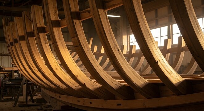 Detailed view of a wooden ship hull under construction in a classic shipyard, highlighting traditional craftsmanship and the development concept