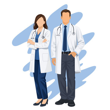 Professional Male and Female Doctors Standing vector illustration.