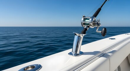 Fishing rod in a sleek holder on a luxurious boat, symbolizing adventure and leisure travel concept under a clear blue sky