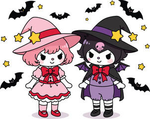 Cute Halloween Witch Illustration ,Adorable Kawaii Cartoon Character in Pink and Purple Costume with Bat and Stars
