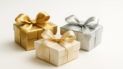 Obraz premium Elegant gift boxes in gold, silver, and cream colors with satin ribbons on a clean white background. Luxury holiday or celebration concept.