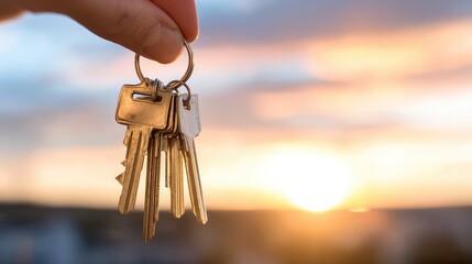A person's hand holding keys in front of a modern building, symbolizing property ownership or access