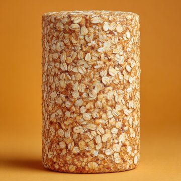 A close up studio shot of a cylindrical oatcake with visible oats and honey drizzled on its textured surface, set against a plain warm orange background.