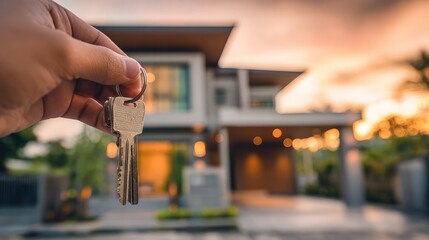 A person's hand holding keys in front of a modern building, symbolizing property ownership or access