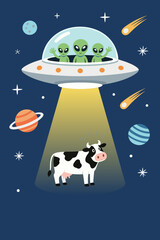 Sci-fi alien abduction of cow cartoon illustration, UFO spaceship in starry space with planets and meteors funny scene © Zhangxiao