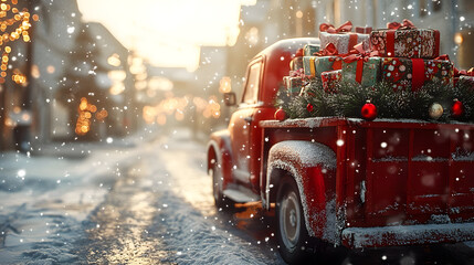 Closeup of Christmas decorated car carrying gifts on the street in winter town covered with snow. Concept of Christmas delivery, cargo and shipping.