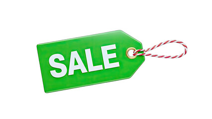 Green Sale Tag with Red and White String on White Background