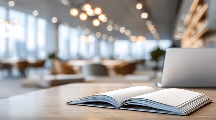 Smart business open book on conference table in modern office with blurred city view and soft lighting conveying focused professional atmosphere