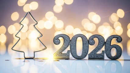 Glistening silver numbers spell out 2026 next to a simple wireframe Christmas tree against soft golden bokeh lights