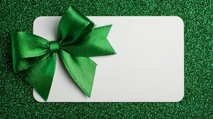 Blank white greeting card on green glitter background with satin bow, elegant festive design