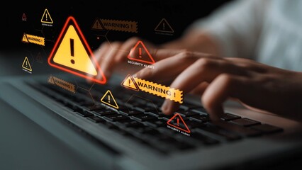 Hands Typing on Laptop with Warning Notifications and Security Alerts Displayed in Digital Environment, Emphasizing Cybersecurity Awareness and Risks Gluon.