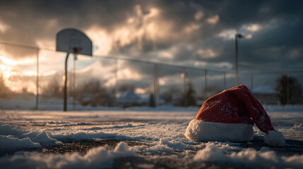 Santa hat on winter snowy basketball court, hoop and ball in background. Concept of Christmas celebration blending with resting summer sport field.