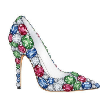 Elegant high heel shoe with gemstones, isolated on white background