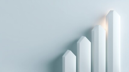 Minimalist design of ascending 3D geometric bars with soft lighting on a pale background representing growth, progress, and modern aesthetics in business themes