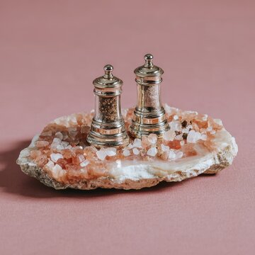 A close up shot of two ornate silver salt and pepper shakers placed on a natural pink geode formation, surrounded by coarse salt crystals, against a solid pink backdrop.