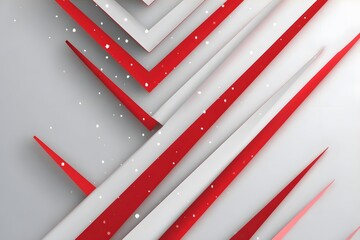Red and white diagonal geometric layers overlap dynamically against a light background with scattered small dots.