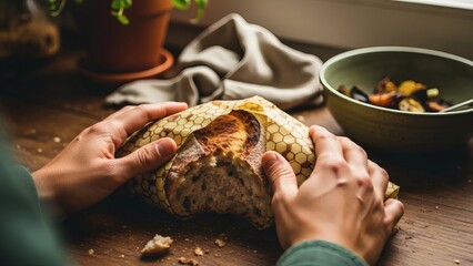 Close-up Fresh Bread Covered with Reusable Beeswax Food Wrap on Wooden Table