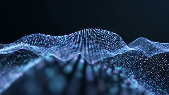 Digital Particle Wave Abstract - An abstract 3D video shows a blue and purple wave formed by particles on a dark blue gradient background. Defocused dots of the same colors fade away in the distance.