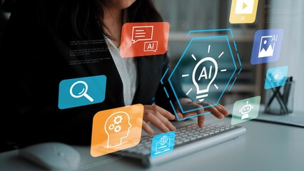 Professional woman typing on keyboard surrounded by digital icons representing technology, creativity, and artificial intelligence in a modern workspace Gluon. © InfiniteFlow