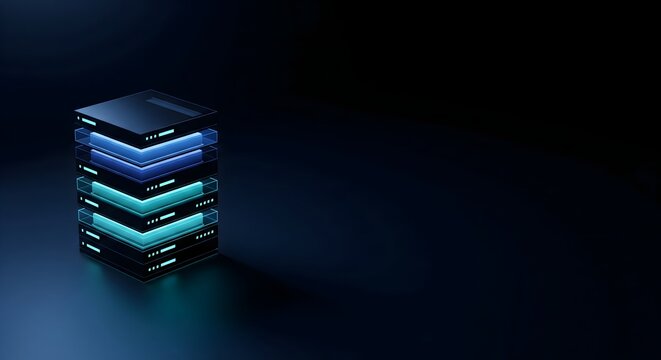 Futuristic 3D isometric server stack glowing blue and cyan, representing cloud computing, big data storage, and network technology on a dark background.