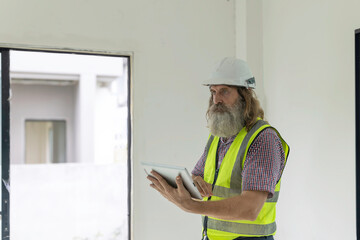 Experienced bearded construction foreman uses a digital tablet inside a new house, checking plans and managing the modern building project with confidence, precision and smart technology