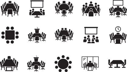  Conference room icon set with meeting table, chairs and presentation symbols in clean vector EPS style.