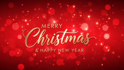 Elegant golden script greeting wishes merry christmas and a happy new year over a shimmering red holiday background