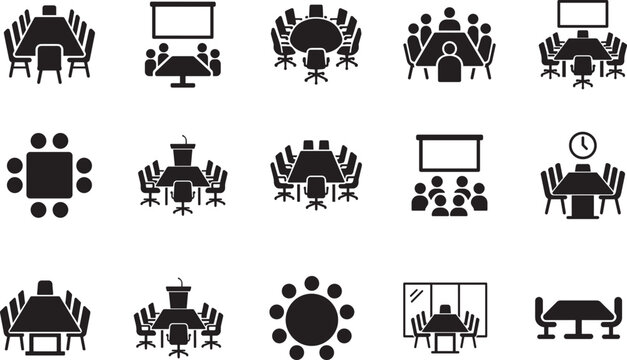  Conference room icon set with meeting table, chairs and presentation symbols in clean vector EPS style.