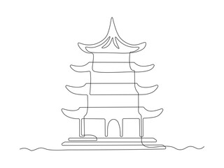 Japanese Pagoda, continuous single one line art hand drawing sketch logo on white background