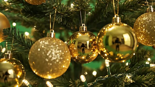 Christmas Tree with Gold Ornaments - This is a close-up shot of a Christmas tree decorated with shimmering gold ornaments and warm white string lights.