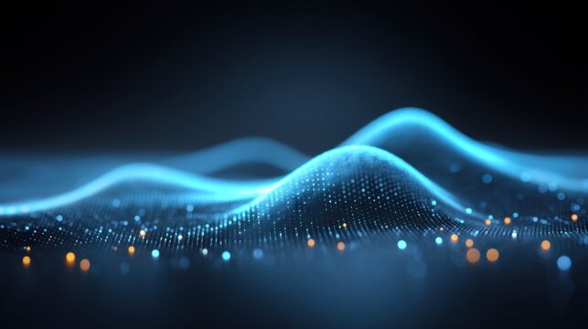 Abstract digital landscape with glowing waves and particles in a dark background for technology, science, and futuristic concepts - Powered by Adobe