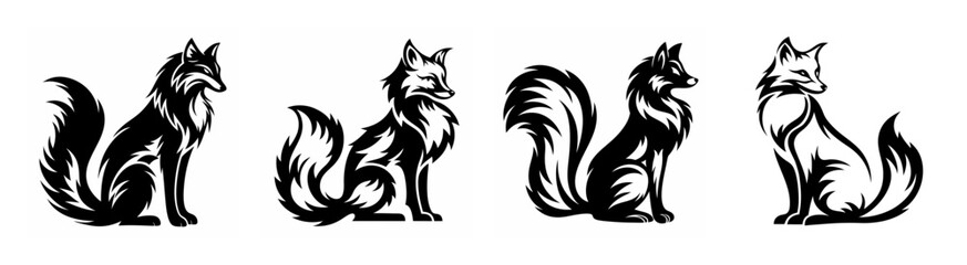 Obraz premium Four artistic spirit foxes sitting gracefully their bushy tails high evoking mystical nature