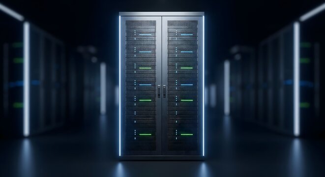 Futuristic data center server rack glowing with blue and green lights in a dark computing corridor.