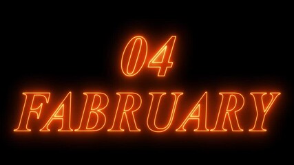 Glowing neon 04 february date text animation on black background. Neon february 04 Calendar Date Animation