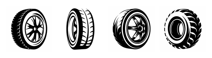 Four detailed sketch style tires showing tread patterns and rims various angles for automotive design © Abdur