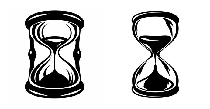 Two stylized hourglasses depicting the passage of time measuring concept in black and white
