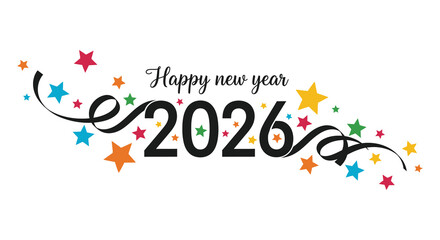 Obraz premium Festive new year greeting with colorful stars and swirls surrounding the year 2026
