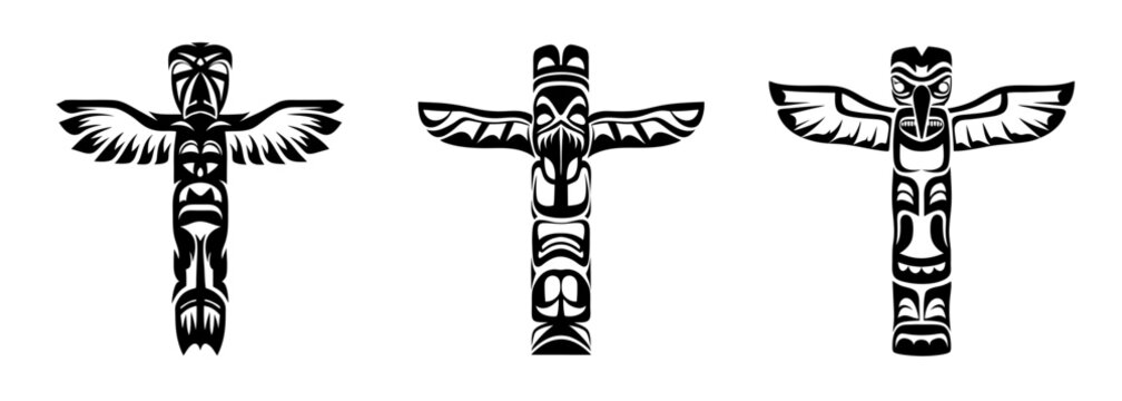 Three traditional totem pole designs featuring intricate indigenous artwork and symbolic figures