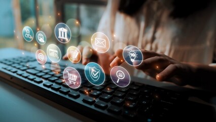 Set of business and digital service icons representing finance, cloud, analytics, email, communication, ecommerce, cybersecurity, and global connectivity in a modern ecosystem Marrow