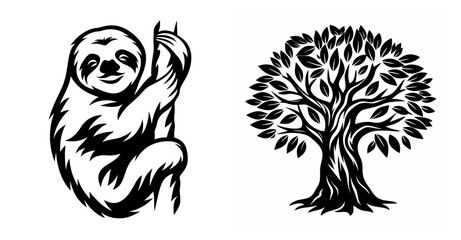 Obraz premium Cute tree hugging sloth and majestic tree graphic art nature animal wildlife conservation tree lover
